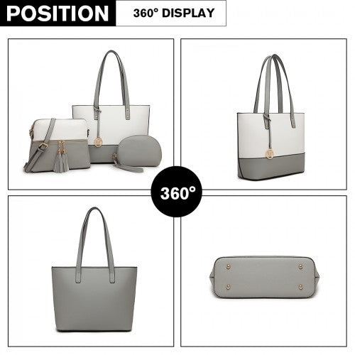 LG2023 - Miss Lulu 3 Piece Leather Look Tote Bag Set - Grey And White