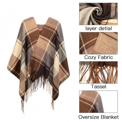 S6430 - Women Fashion Long Shawl Grid Tassel Winter Warm Lattice Large Scarf - Brown