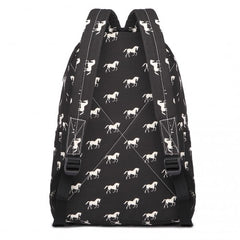 E1401H - Miss Lulu Horse-Print Cotton Canvas School Backpack - Black