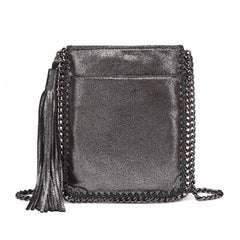 E6845 - Miss Lulu Leather Look Chain Shoulder Bag with Tassel Pendant - Silver