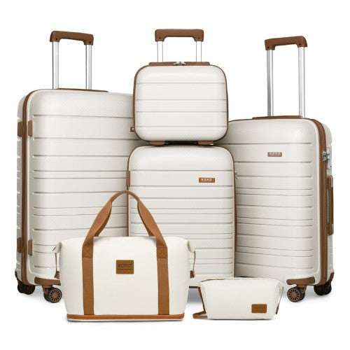 K2091L - Kono Multi Texture Hard Shell PP Suitcase With TSA Lock And Vanity Case 6 Pieces Set - Classic Collection - Cream