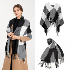 S6430 - Women Fashion Long Shawl Grid Tassel Winter Warm Lattice Large Scarf - Black