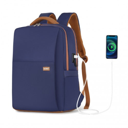 BPK2433 - Kono Water-Resistant Laptop Backpack with USB Charging Business Rucksack for Travel Commuter Features Includes Matching Pouch 2 Pc Set - Navy And Brown