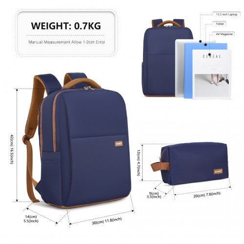 BPK2433 - Kono Water-Resistant Laptop Backpack with USB Charging Business Rucksack for Travel Commuter Features Includes Matching Pouch 2 Pc Set - Navy And Brown