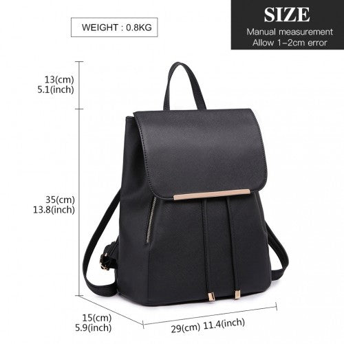 BPM2427 - Miss Lulu Stylish Faux Leather Backpack Secure Daypack with Magnetic Snap Closure Fashionable PU Leather Travel Bag - Black