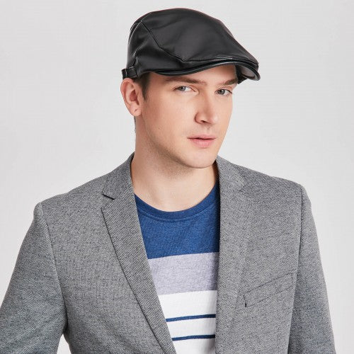 CAP-3 - Men's Newsboy Baker Boy Peaky Blinders Gatsby Leather Look Flat Cap Hat - Black