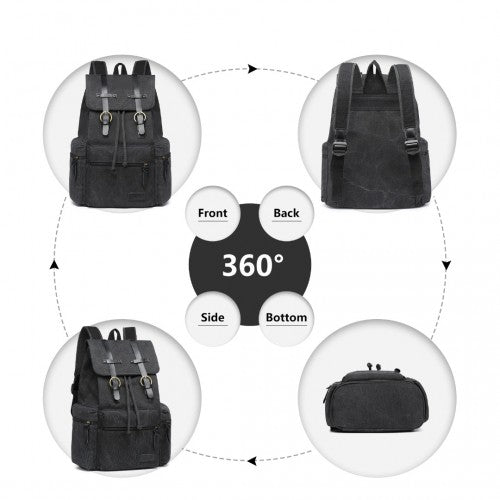 E1672 - Kono Large Multi Function Leather Details Canvas Backpack - Black