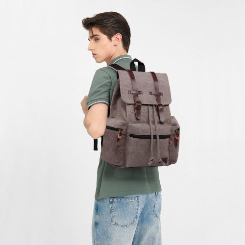 E1672 - Kono Large Multi Function Leather Details Canvas Backpack - Grey