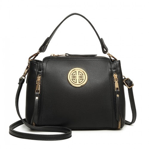 E1851 - Miss Lulu Leather Look Dual Zipped Handbag - Black