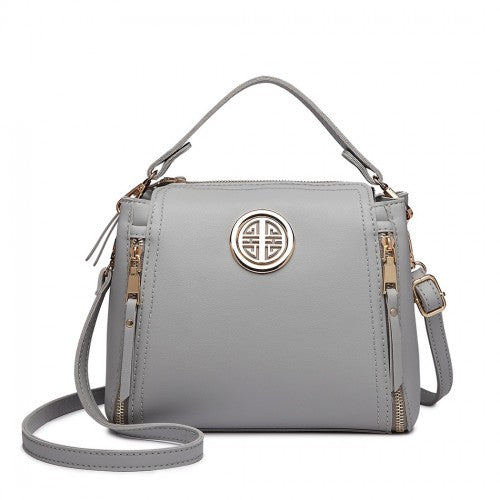 E1851 - Miss Lulu Leather Look Dual Zipped Handbag - Grey