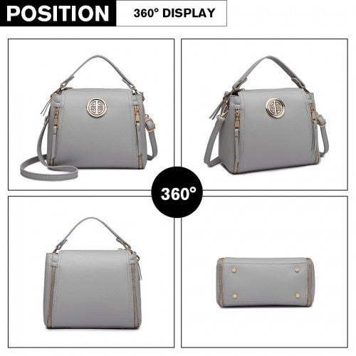 E1851 - Miss Lulu Leather Look Dual Zipped Handbag - Grey