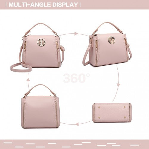 E1851 - Miss Lulu Leather Look Dual Zipped Handbag - Pink