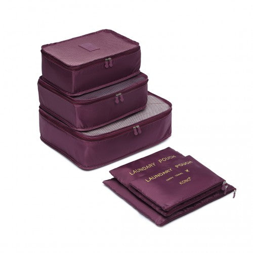 E2015 - Kono 6 Piece Polyester Travel Luggage Organiser Bag Set - Burgundy