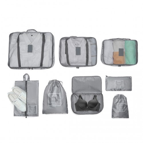 E2019 - Kono 8 Piece Polyester Travel Luggage Organiser Bag Set - Grey