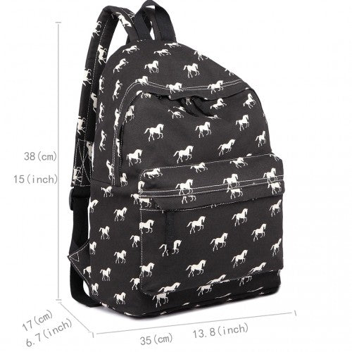 E1401H - Miss Lulu Horse-Print Cotton Canvas School Backpack - Black