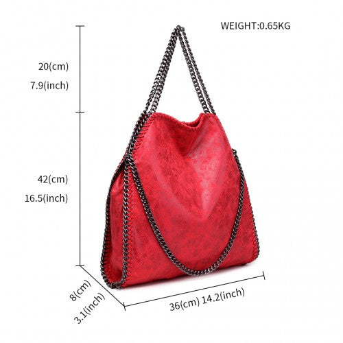 S1760 - Miss Lulu Metallic Effect Chain Tote Bag - Red