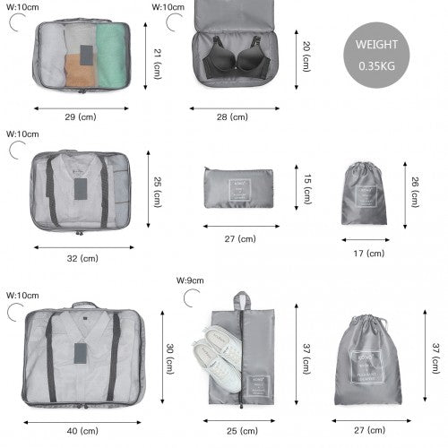 E2019 - Kono 8 Piece Polyester Travel Luggage Organiser Bag Set - Grey