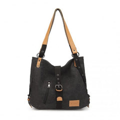 E6850 - Kono Canvas Hobo Slouch Shoulder Bag and Backpack - Black