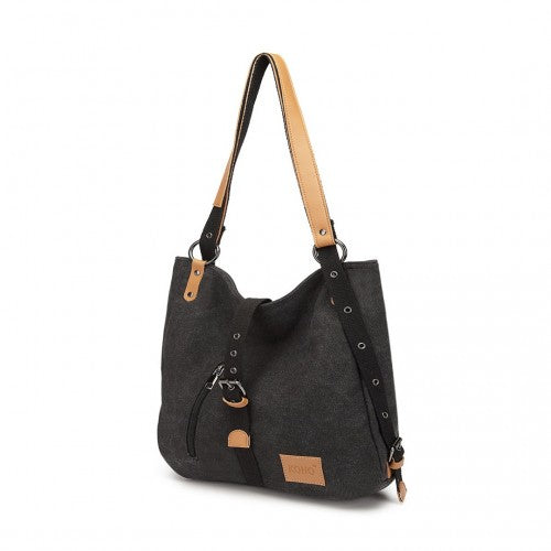 E6850 - Kono Canvas Hobo Slouch Shoulder Bag and Backpack - Black