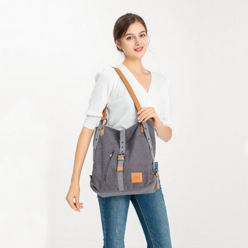 E6850 - Kono Canvas Hobo Slouch Shoulder Bag and Backpack - Black