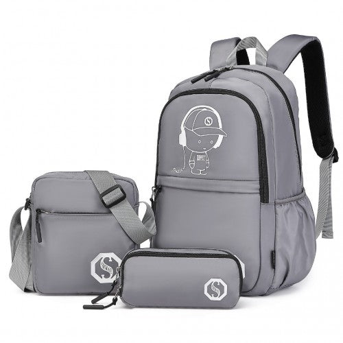 EB2363 - Kono Lightweight & Glow-in-the-Dark 3-Piece Laptop Backpack Set with Crossbody Bag and Pencil Case - Grey