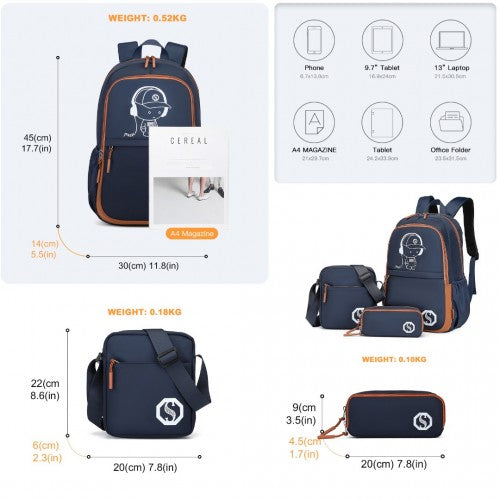 EB2363 - Kono Lightweight & Glow-in-the-Dark 3-Piece Laptop Backpack Set with Crossbody Bag and Pencil Case - Navy And Brown