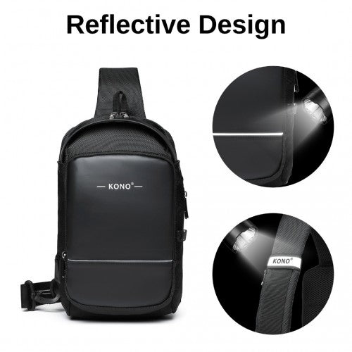 EG2403 - Kono Smart Sling Chest Bag with USB Charging Port Lightweight Single Strap Crossbody Backpack for Daily Use Ideal for Men and Women - Black