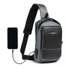 EG2403 - Kono Smart Sling Chest Bag with USB Charging Port Lightweight Single Strap Crossbody Backpack for Daily Use Ideal for Men and Women - Grey And Black