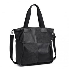 EH2221 - Kono Paneled Contrast Large Capacity Canvas Shoulder Bag - Black