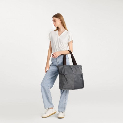 EH2221 - Kono Paneled Contrast Large Capacity Canvas Shoulder Bag - Grey