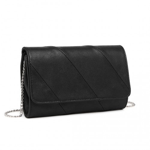 EH2257 - Miss Lulu Stylish Twill Clutch Leather Chain Evening Bag - Black