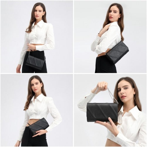 EH2257 - Miss Lulu Stylish Twill Clutch Leather Chain Evening Bag - Black