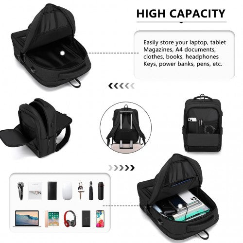 EM2111 - Kono Multi-Compartment Backpack with USB Port - Black