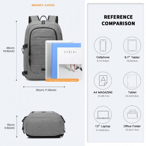 EM2347 - Kono Multi-Compartment Water-Resistant Backpack With USB Charging Port - Grey