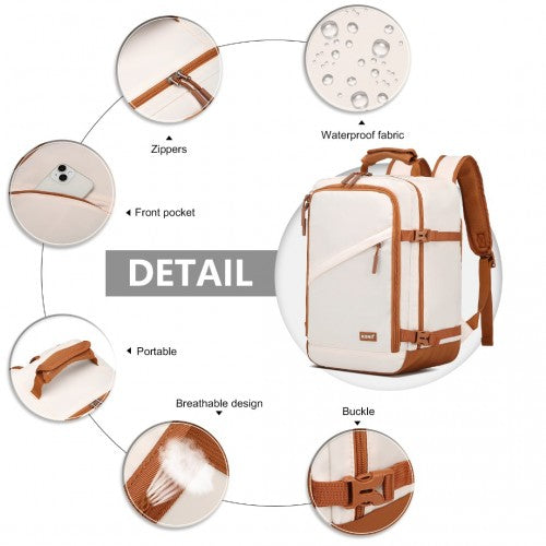 EM2365 - Kono Lightweight Cabin Bag Water-Resistant Soft Polyester Functional Travel Business Backpack - Beige And Brown