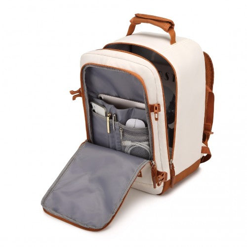 EM2365 - Kono Lightweight Cabin Bag Water-Resistant Soft Polyester Functional Travel Business Backpack - Beige And Brown