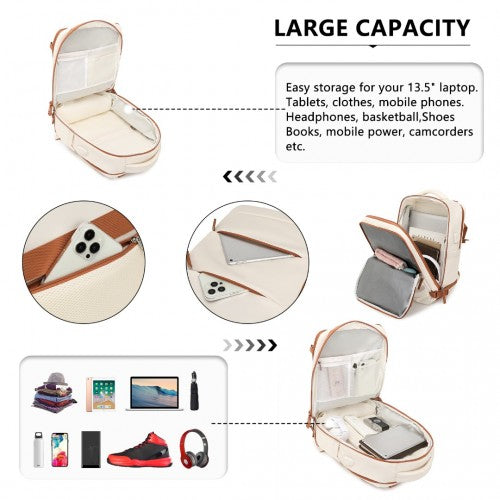 EQ2344 - Kono Multi-Functional Breathable Travel Backpack With USB Charging Port And Separate Shoe Compartment - Beige And Brown