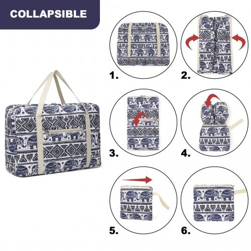 EQ2308E - Kono Foldable Waterproof Storage Cabin Travel Handbag Elephant Print - Navy And Beige