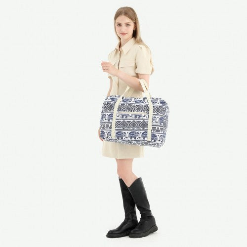 EQ2308E - Kono Foldable Waterproof Storage Cabin Travel Handbag Elephant Print - Navy And Beige