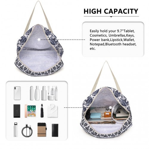 EQ2308E - Kono Foldable Waterproof Storage Cabin Travel Handbag Elephant Print - Navy And Beige