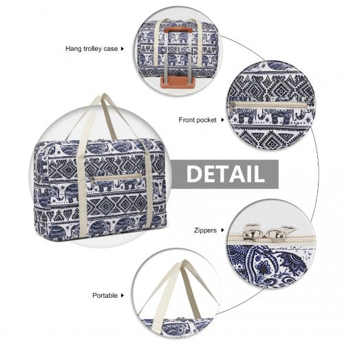 EQ2308E - Kono Foldable Waterproof Storage Cabin Travel Handbag Elephant Print - Navy And Beige