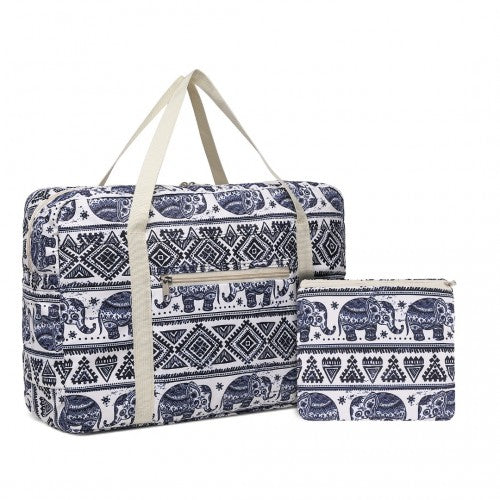 EQ2308E - Kono Foldable Waterproof Storage Cabin Travel Handbag Elephant Print - Navy And Beige