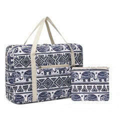 EQ2308E - Kono Foldable Waterproof Storage Cabin Travel Handbag Elephant Print - Navy And Beige