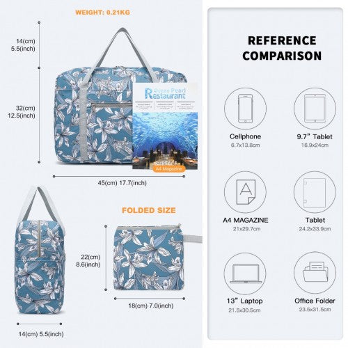 EQ2308F - Kono Foldable Waterproof Storage Cabin Travel Handbag Flower Print - Blue