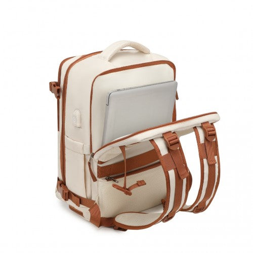 EQ2344 - Kono Multi-Functional Breathable Travel Backpack With USB Charging Port And Separate Shoe Compartment - Beige And Brown