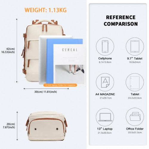 EQ2344 - Kono Multi-Functional Breathable Travel Backpack With USB Charging Port And Separate Shoe Compartment - Beige And Brown