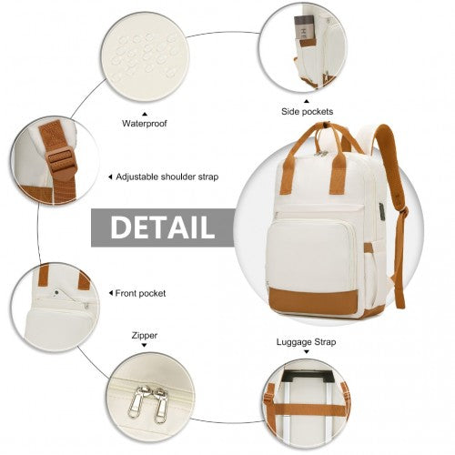 EQ2401 - Kono Multi-Compartment Laptop Backpack with Type-C USB Charging Port and Small Pouch for Daily Commute and Travel - Cream And Brown