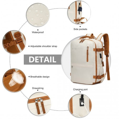 EQ2406 - Kono Ultimate Traveler's Backpack with Detachable Waist Pack and Integrated USB/Type-C Charging Ports - Beige And Brown