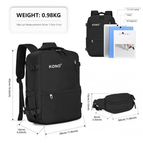 EQ2406 - Kono Ultimate Traveler's Backpack with Detachable Waist Pack and Integrated USB/Type-C Charging Ports - Black