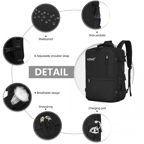 EQ2406 - Kono Ultimate Traveler's Backpack with Detachable Waist Pack and Integrated USB/Type-C Charging Ports - Black